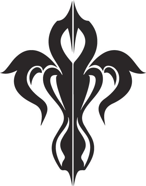 A black and white silhouette of a fleur de lis on a white background.