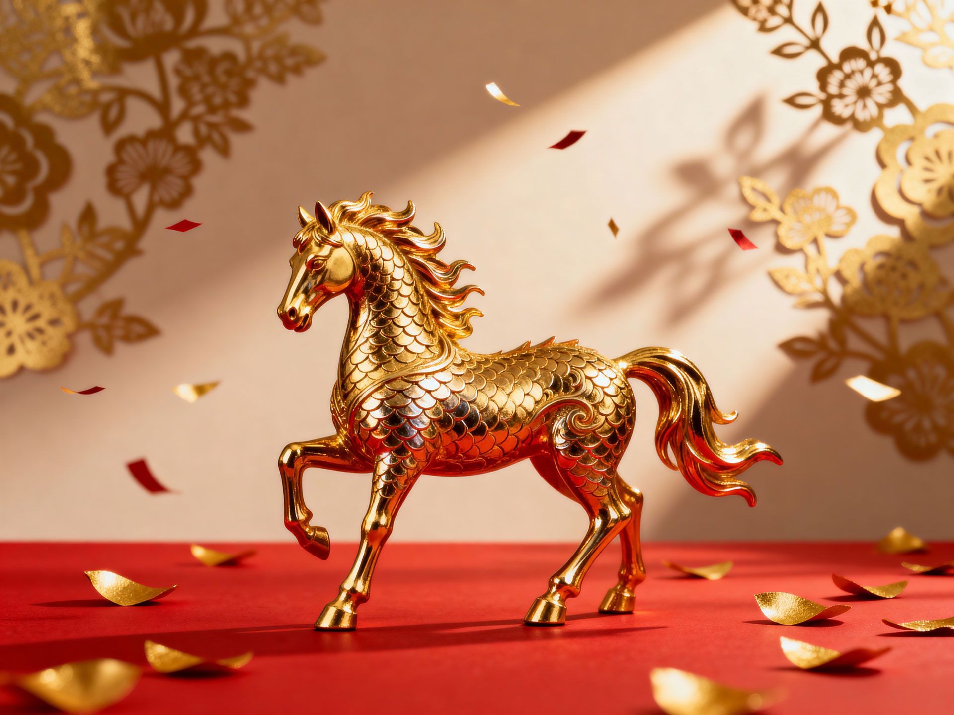 Golden horse statue on red surface, gold floral decor background, falling petals.