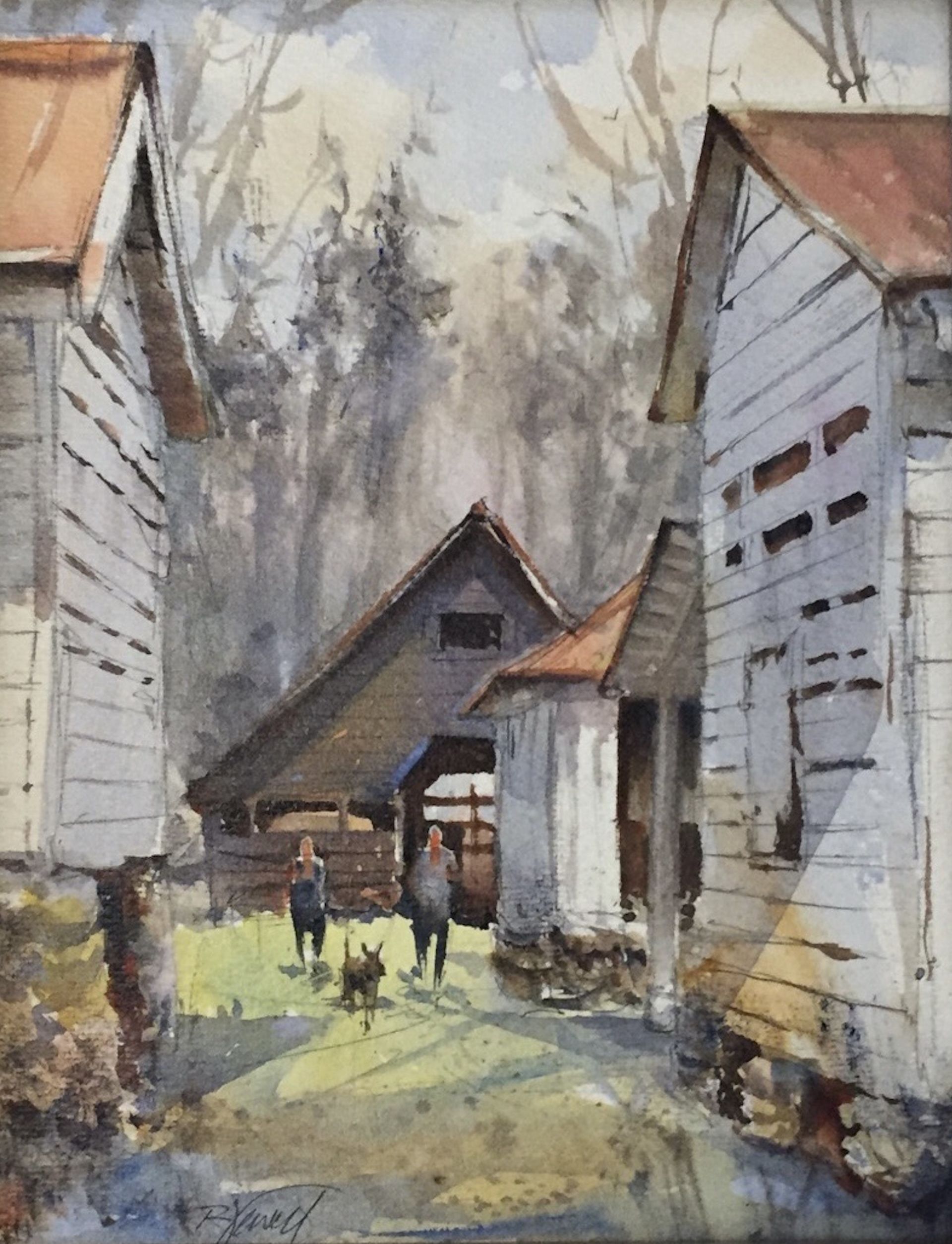 An example of Russell Jewell's painting - a watercolor painting of a chicken coop with people and a dog