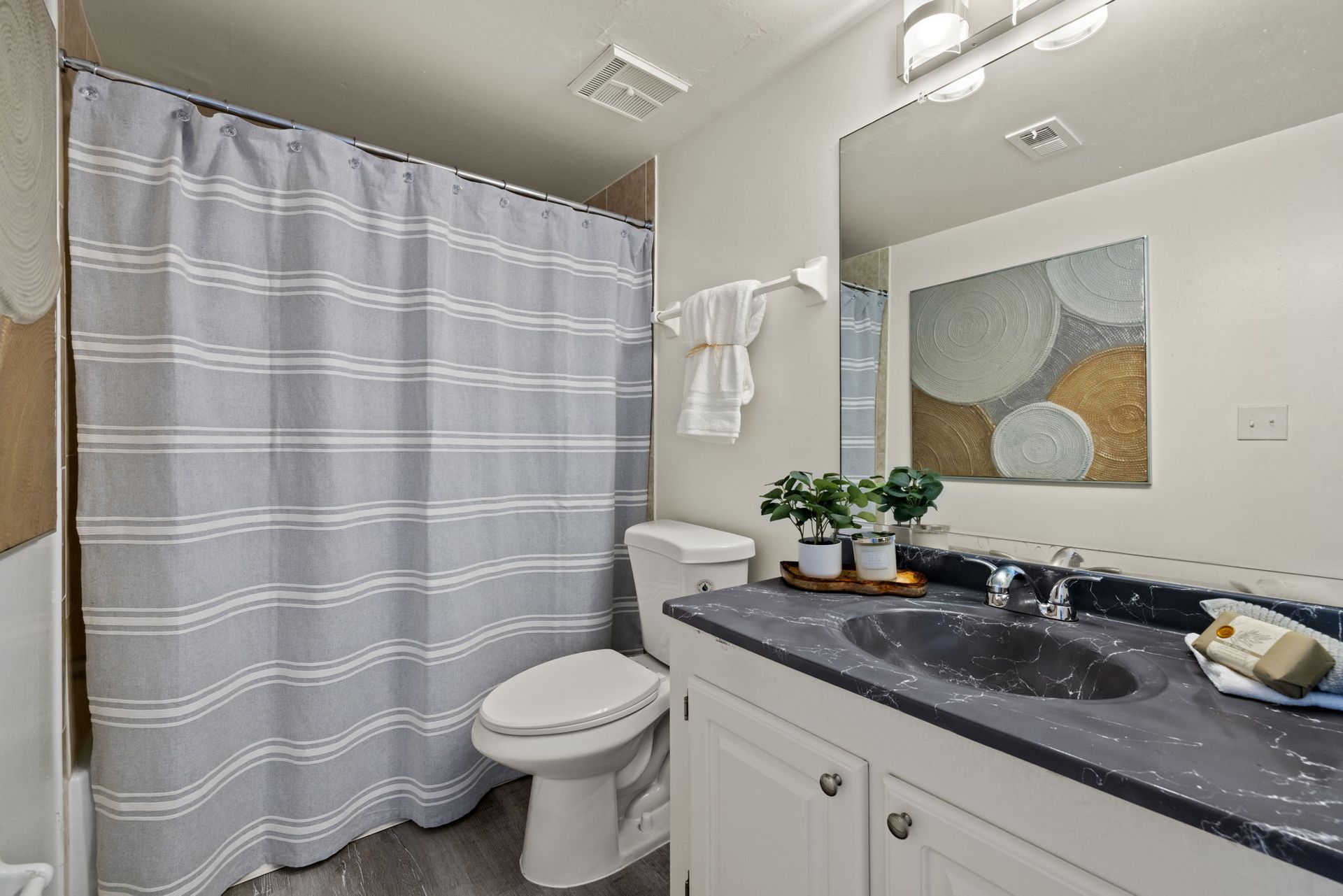 Bathroom with blue striped shower curtain, white toilet, vanity, artwork, and light fixture.