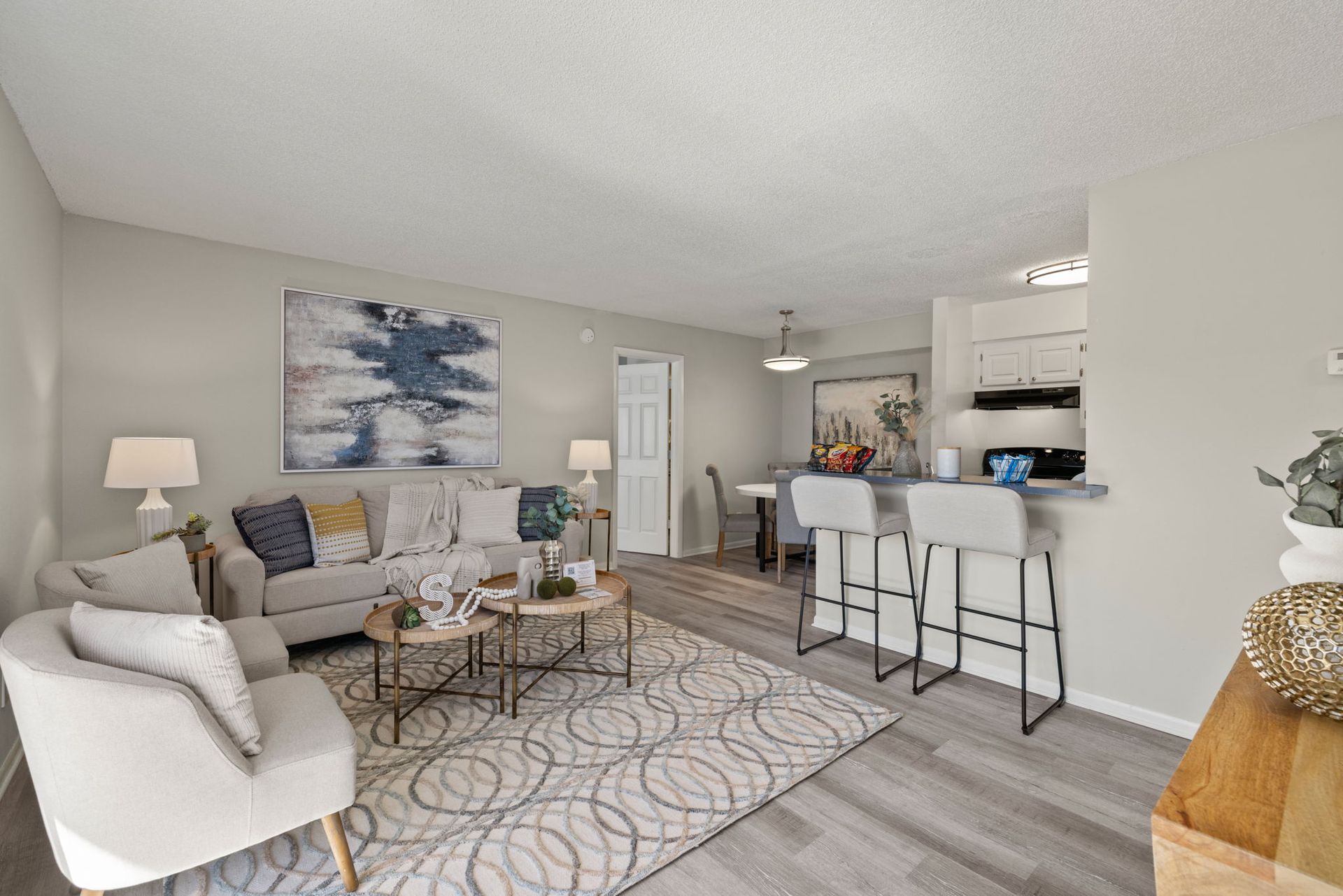 Cozy living room with gray walls, sofa, and kitchen bar. Modern decor with rug and artwork.