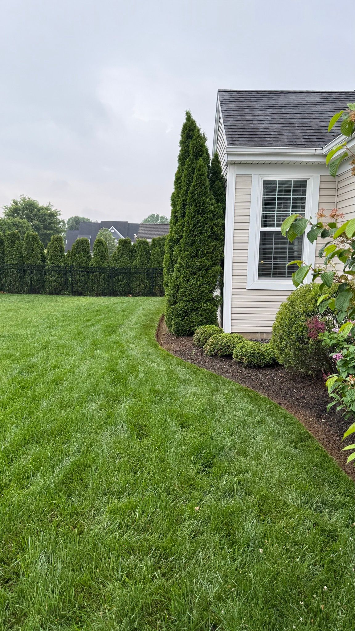Lush green lawn curving to a building with white trim. Tall evergreen trees and a hedge in the distance. Overcast sky.