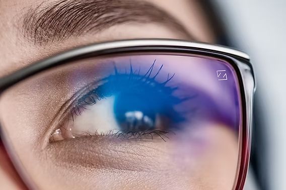 Primo piano di un occhio che indossa occhiali con lenti blu che riflettono la luce.