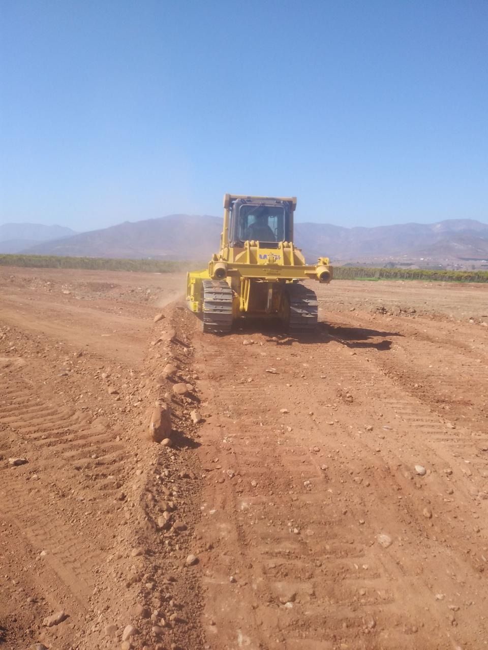 Una excavadora amarilla avanza por un camino de tierra