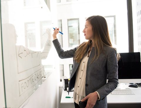 A woman is writing on a whiteboard in an office.