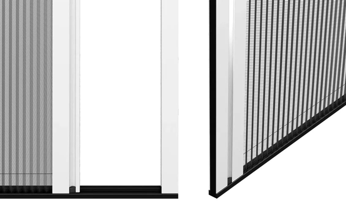 Primo piano di una porta a zanzariera retrattile, rete nera, telaio bianco.
