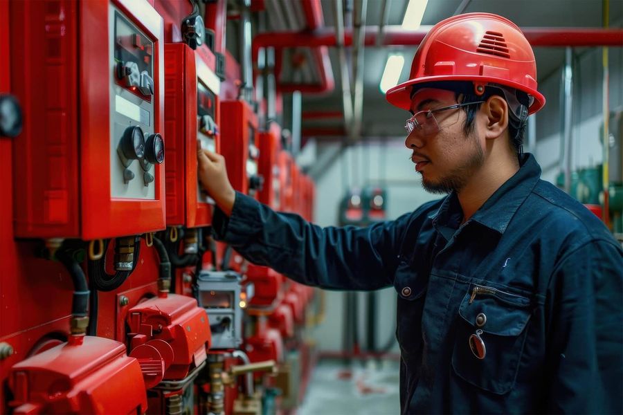A man in a hard hat is working on a fire alarm system in a factory.