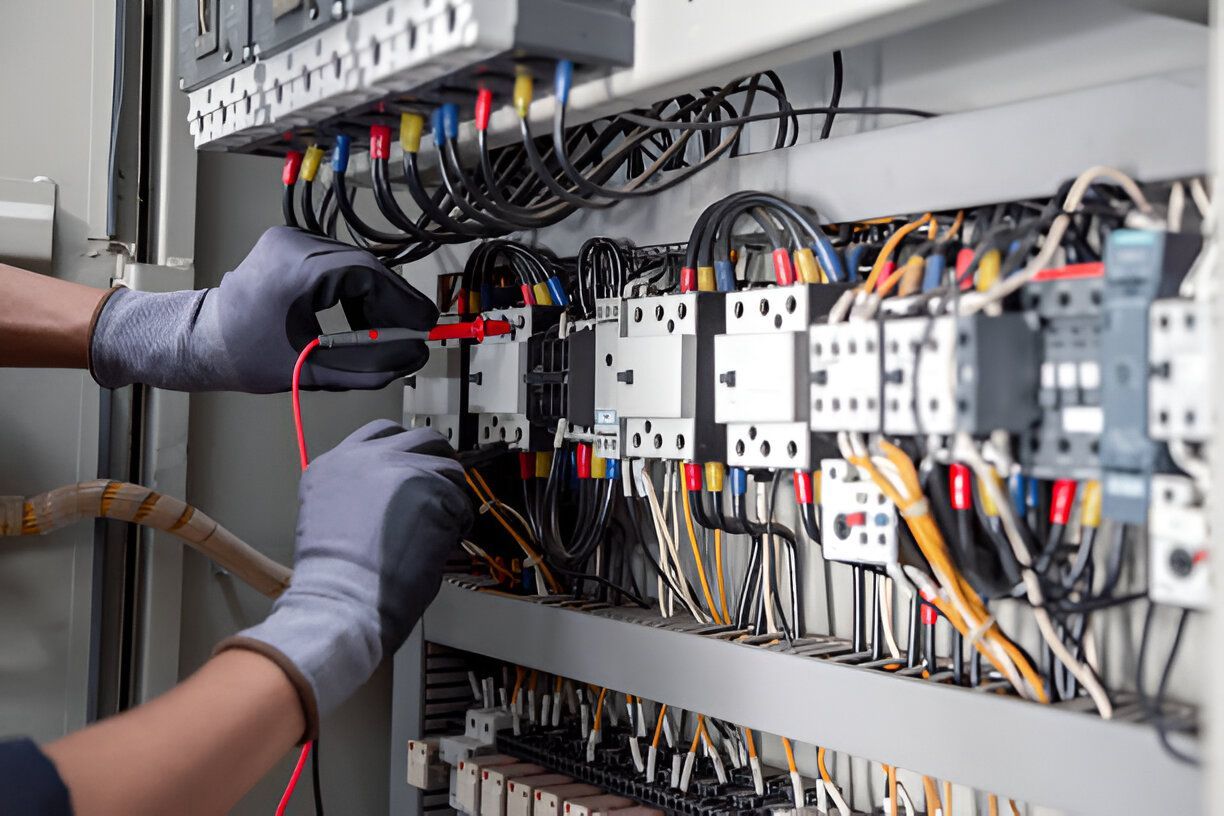 A man is working on an electrical panel with a multimeter.