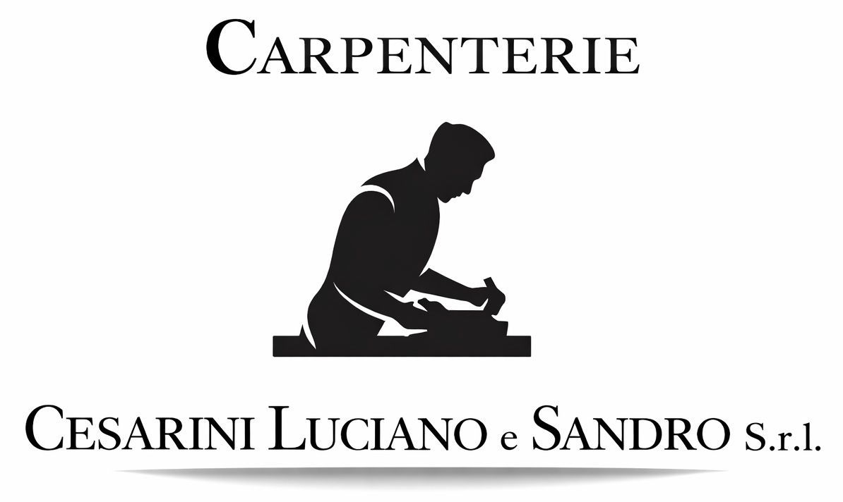 Logo per "Carpenterie Cesarini Luciano". Silhouette di persona che lavora il legno, testo sopra e sotto.