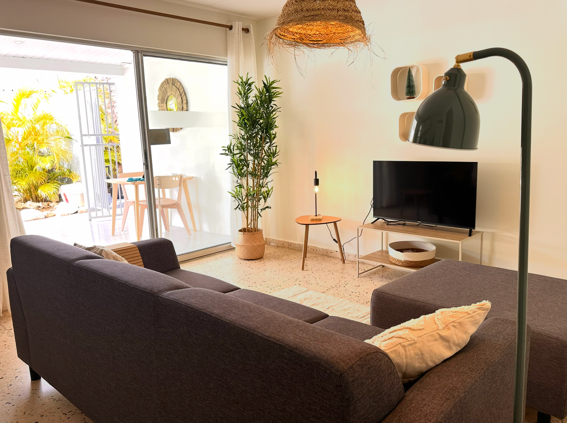 Bright, modern living room with a gray sofa, small tables, and a large plant.