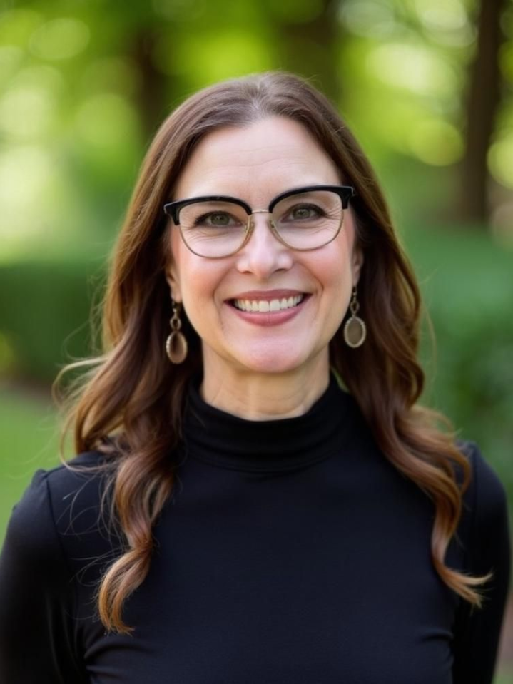 Woman with glasses, smiling, wearing a black turtleneck. Outdoors, with a blurred green background.
