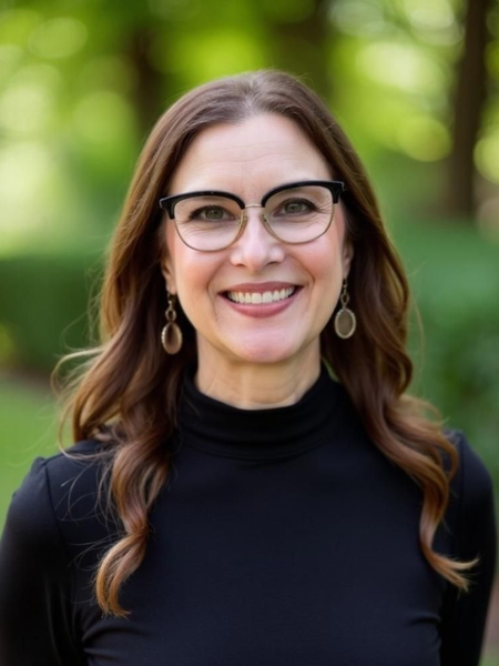 Woman with glasses, smiling, wearing a black turtleneck. Outdoors, with a blurred green background.