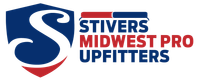 The logo for stivers midwest pro upfitters is a shield with a s on it.