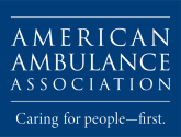 American Ambulance Association logo on blue background: text and tagline.