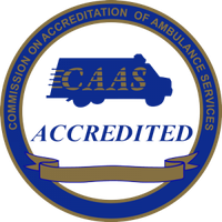 CAAS Accredited seal with a blue ambulance, text, and ribbon.