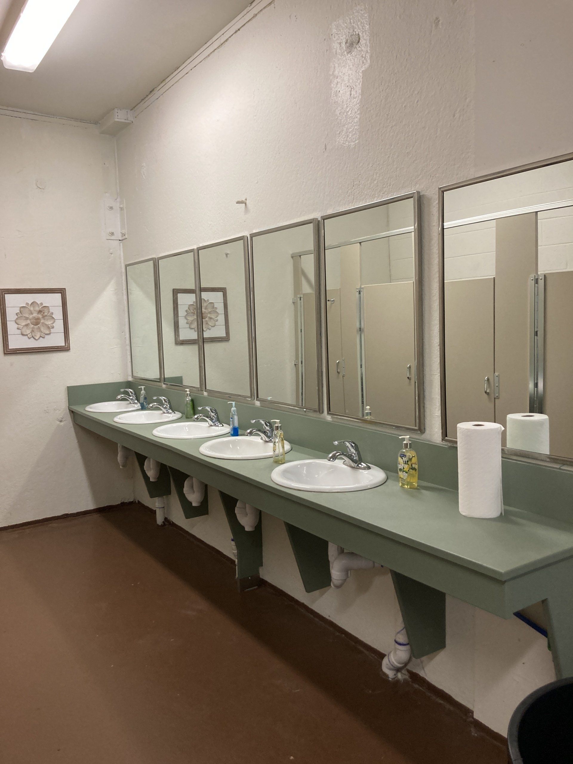 Public restroom with sinks, mirrors, and paper towels. Brown floor, white walls.