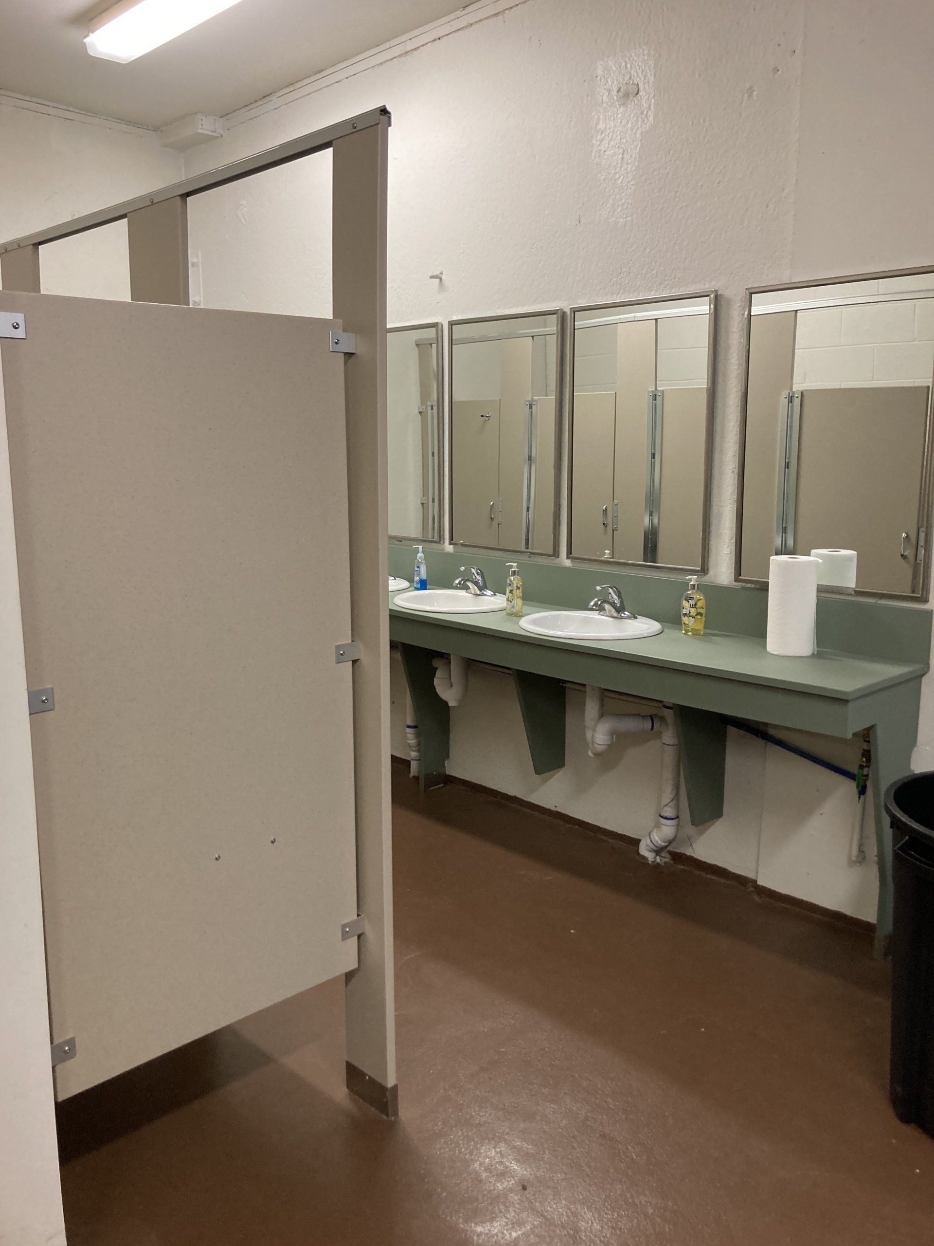 Public restroom with stalls, sinks, mirrors, and a paper towel dispenser. Brown floor, white walls.