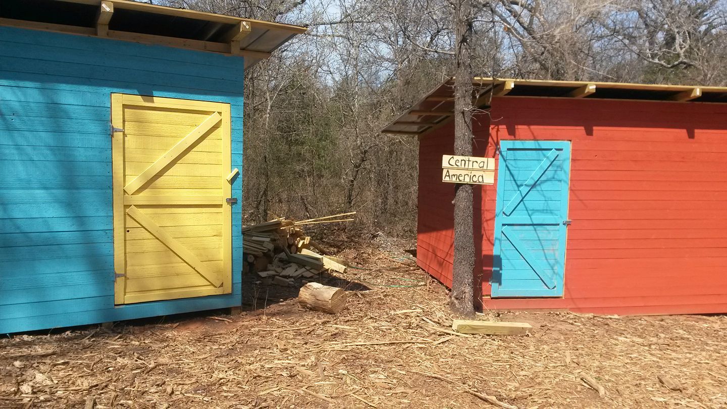 Two colorful sheds: blue with yellow door, red with blue door, in a wooded area.