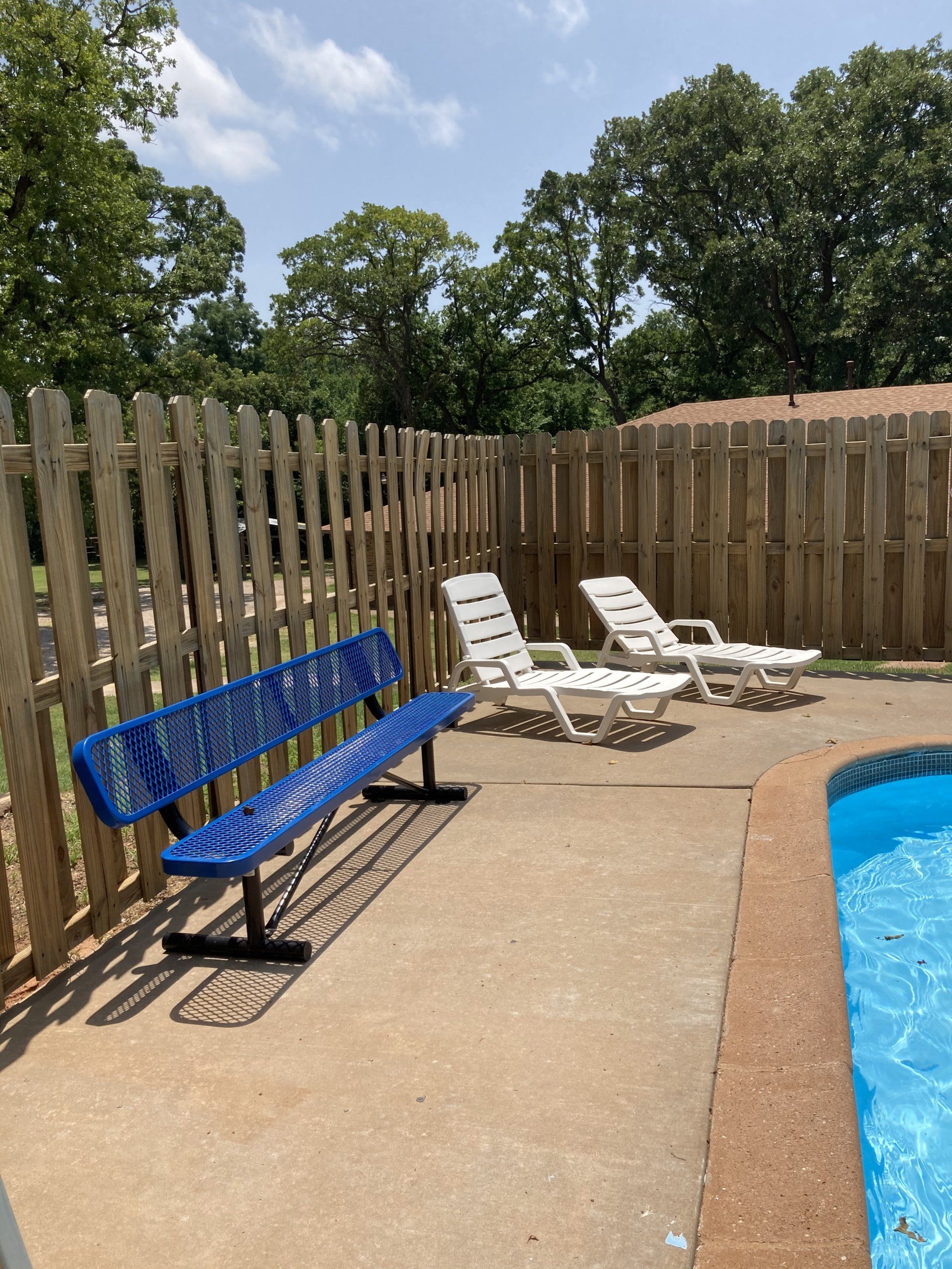 Blue bench, two white chaise lounges near pool, wooden fence, trees, sunny day.