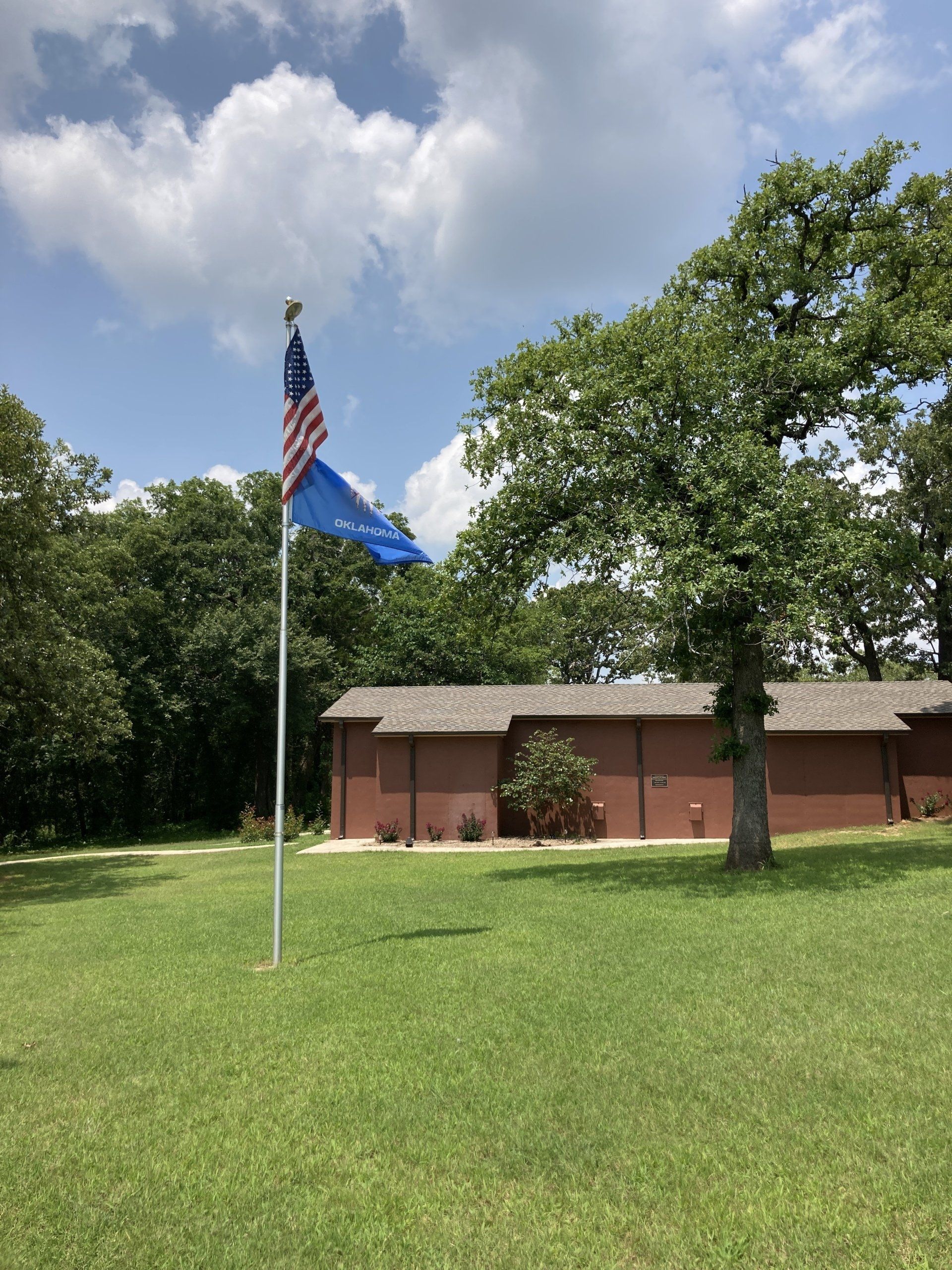 American and blue flags fly on a pole in front of a brown building, trees, and a cloudy sky.