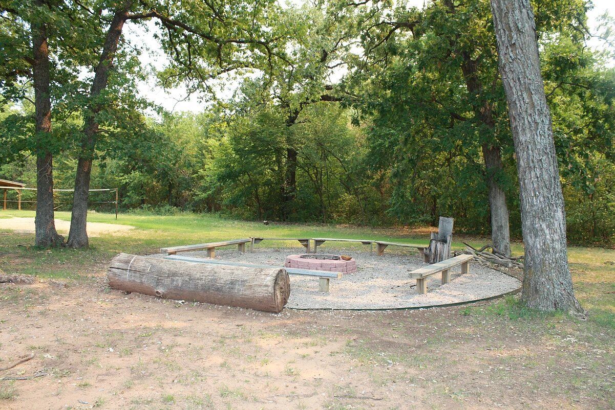 Fire pit with log seating in a grassy area surrounded by trees.