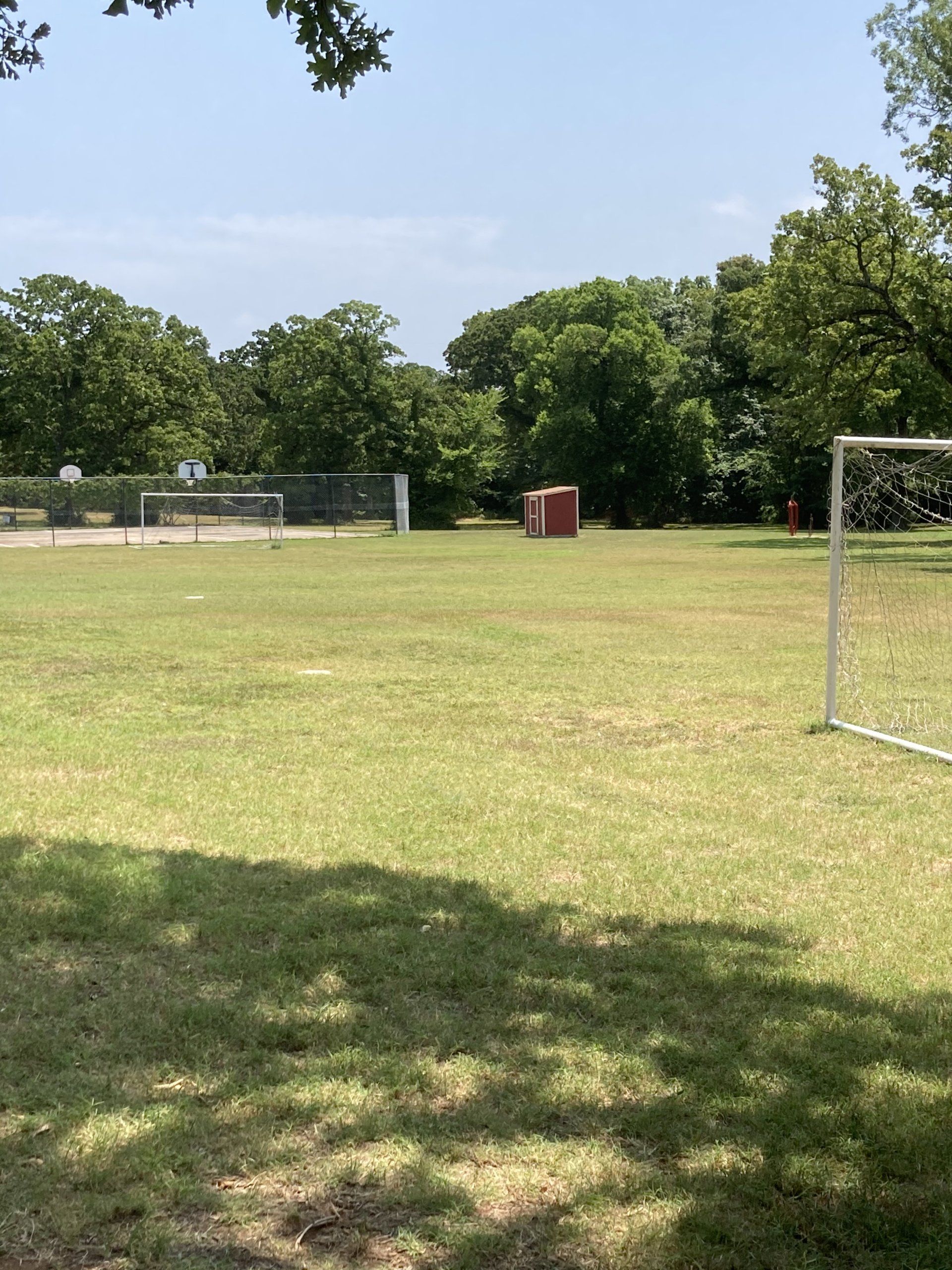 Grassy park with soccer goals, a red structure, and trees under a blue sky.