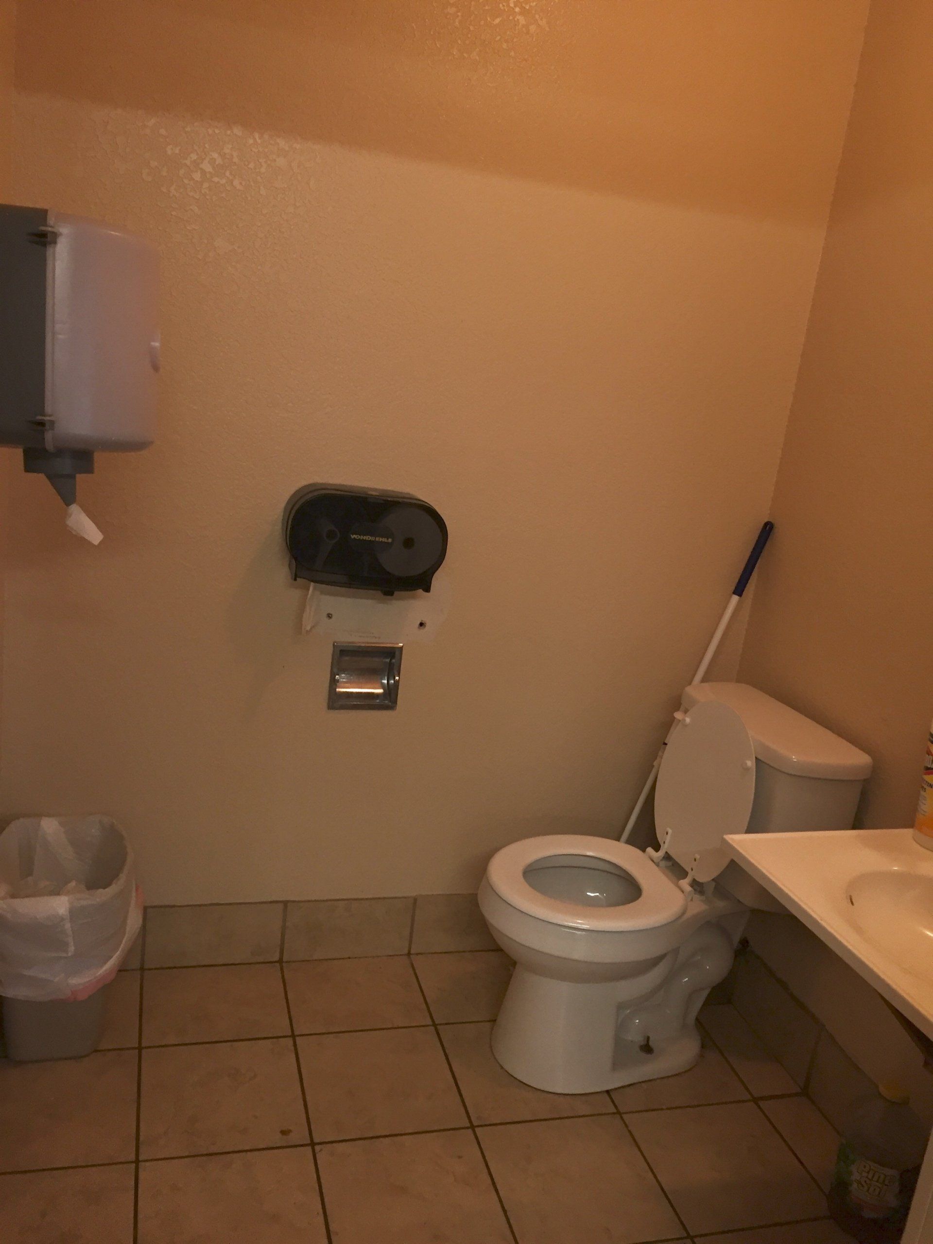 Public restroom interior with toilet, sink, paper towel dispenser, trash can, and mop.