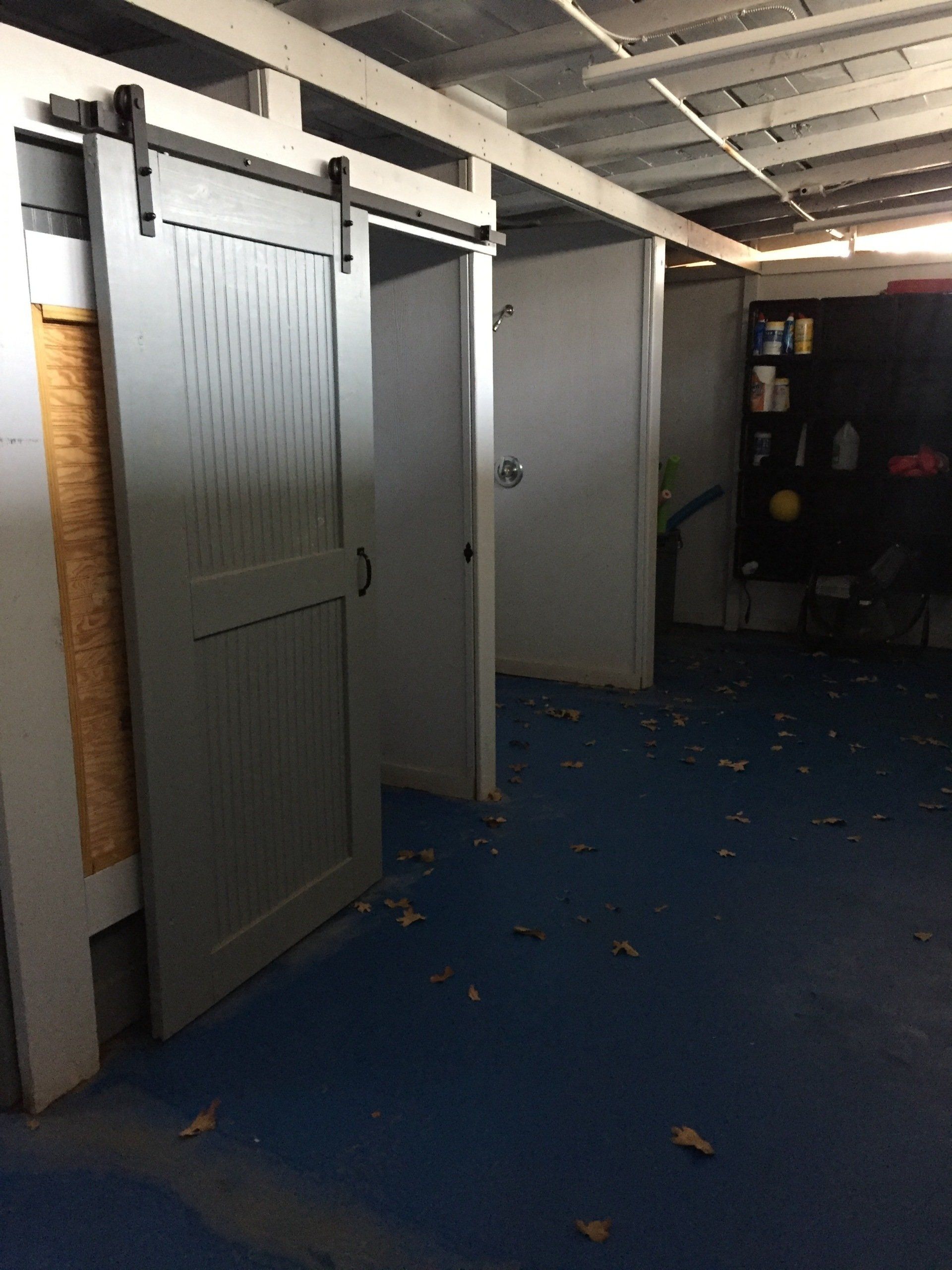 Gray sliding barn door, blue floor, and open doorway in a dimly lit room with storage.