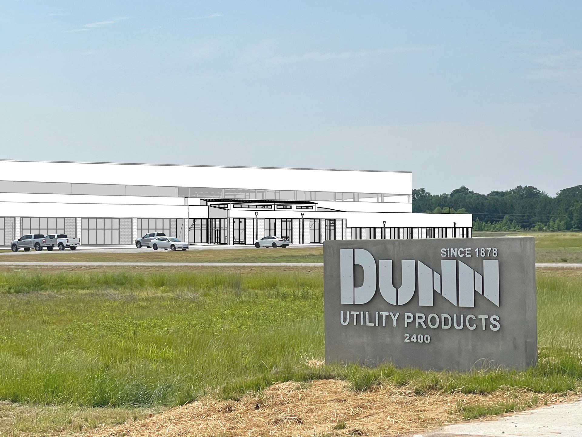 Dunn Utility Products building with a sign in front; vehicles parked.