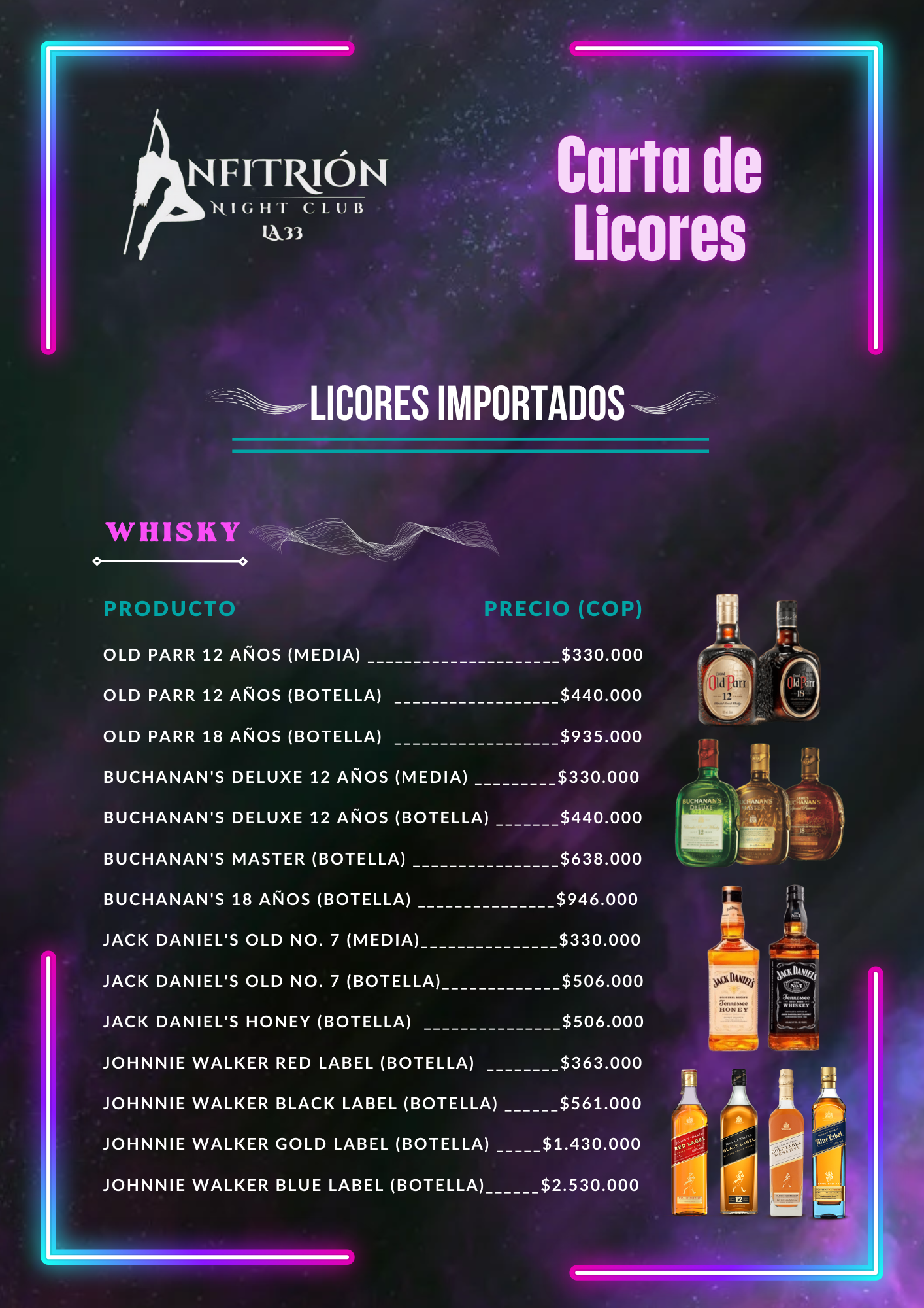 Menú del club nocturno Antittrion, con licores importados, lista de precios e imágenes de botellas.
