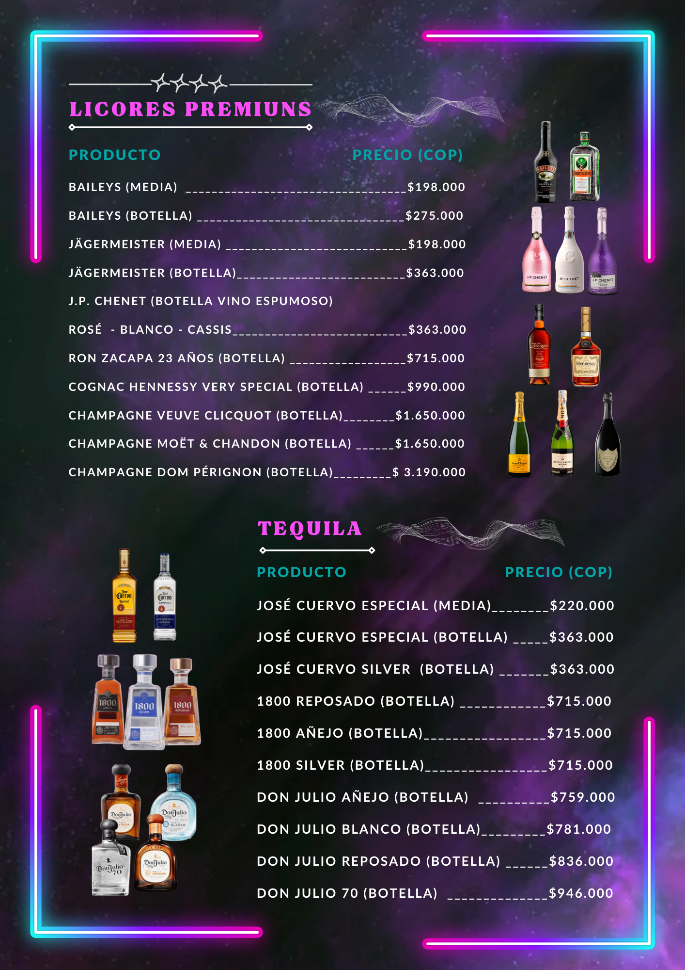 Menú de licores premium y tequila con precios; fondo oscuro, borde neón, imágenes de productos.
