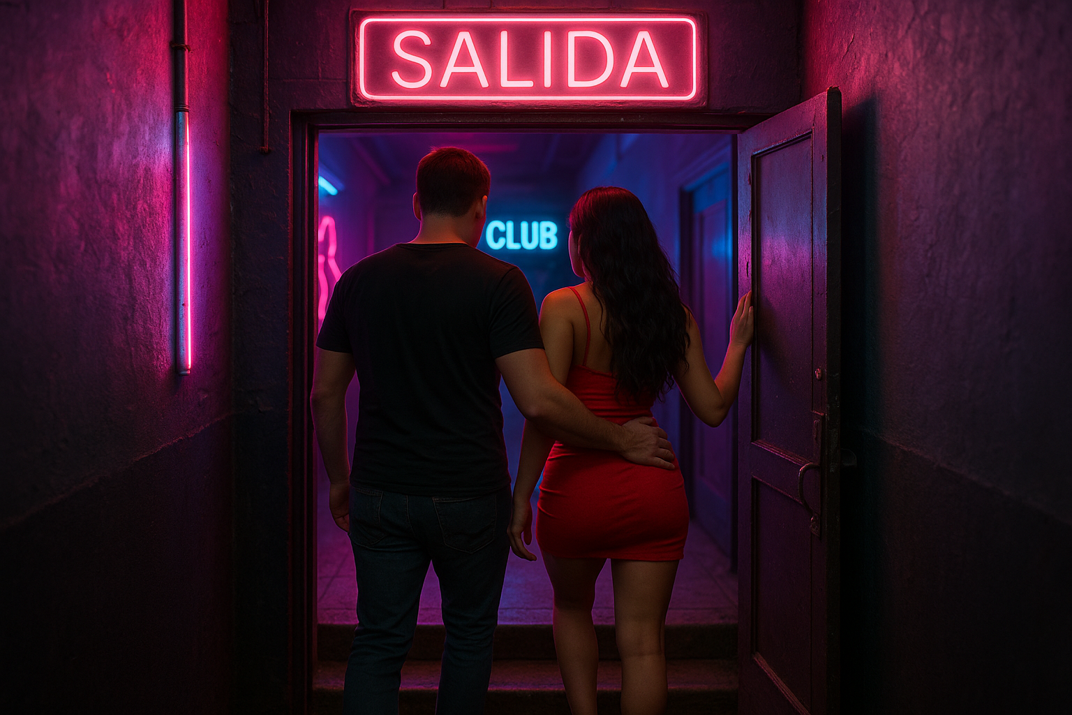 Una pareja sale de un club con luces de neón, pasando bajo un cartel de "SALIDA". Mujer con vestido rojo, hombre con camisa negra. Pasillo oscuro.
