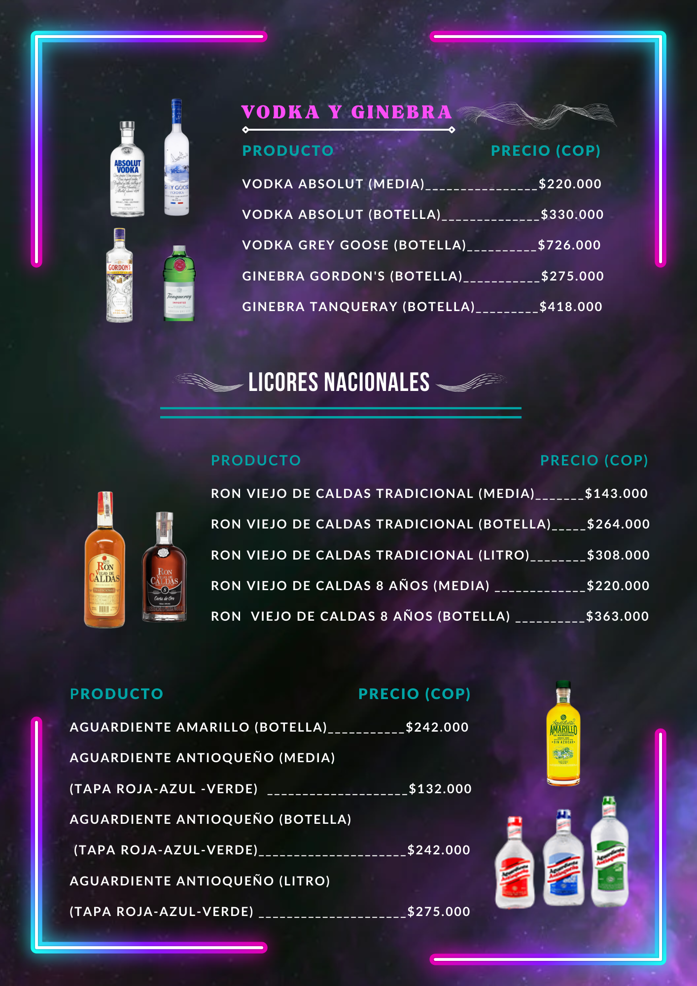 Menú de bebidas alcohólicas con precios, incluyendo vodka, ginebra y otros licores, sobre un fondo morado y negro.