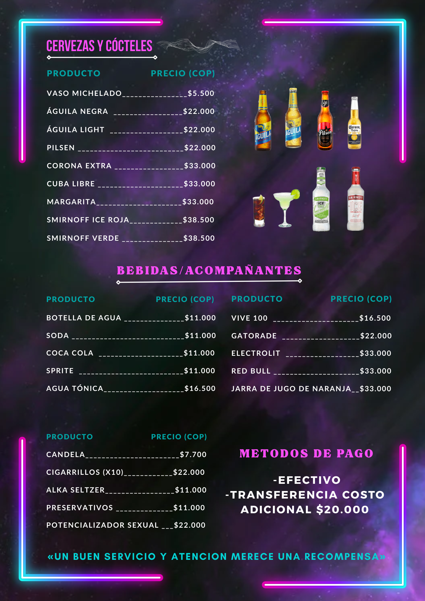 Menú con precios de bebidas, incluyendo cervezas, cócteles y otras bebidas. Bordes neón morados y azules.