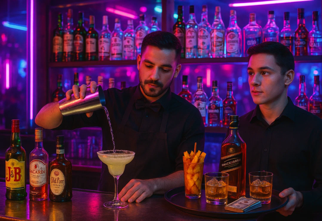 Dos camareros en un bar iluminado con neón. Uno sirve una bebida, el otro sostiene una bandeja con bebidas.