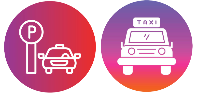 Iconos de un coche en un lugar de estacionamiento y un taxi con un cartel de 