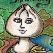 A drawing of a woman with a mushroom head