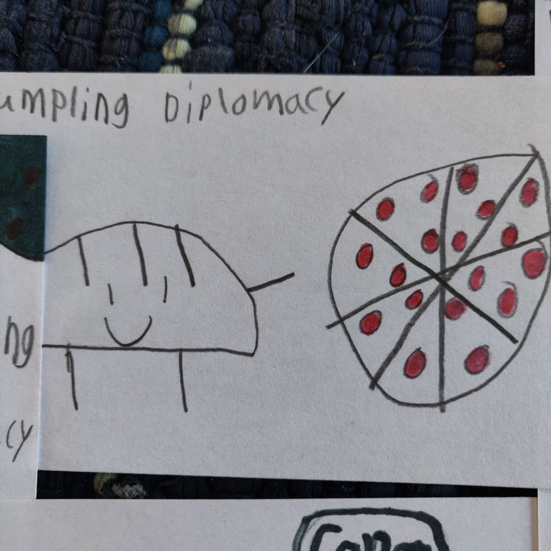 A child 's drawing of a dumpling and a pizza with the word diplomacy at the top
