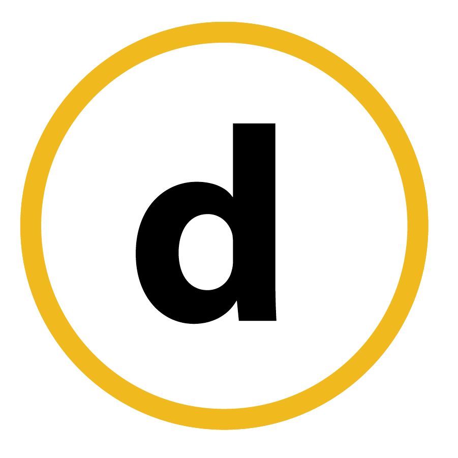 The letter d is in a yellow circle on a white background.