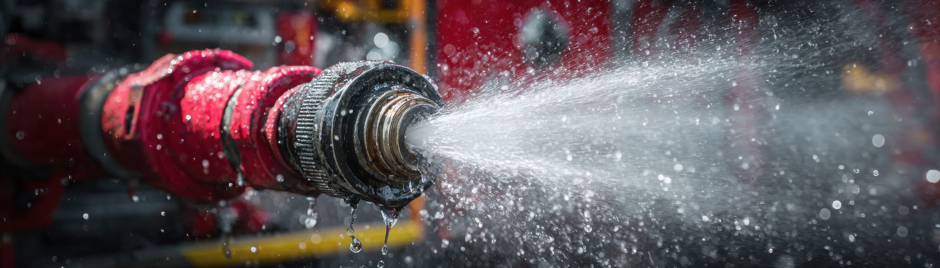 Close-up of a red fire hose spraying water outwards.