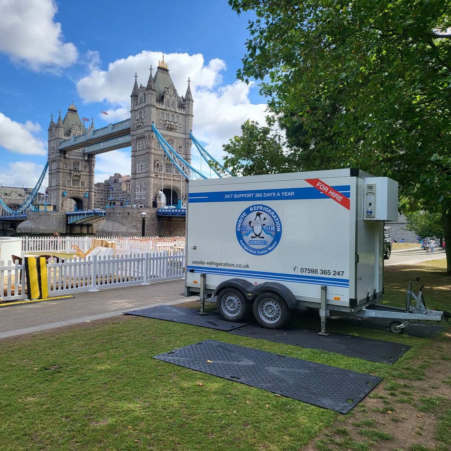 10cu refrigerated trailer outside Tower Bridge for event and emergency refrigeration hire in London