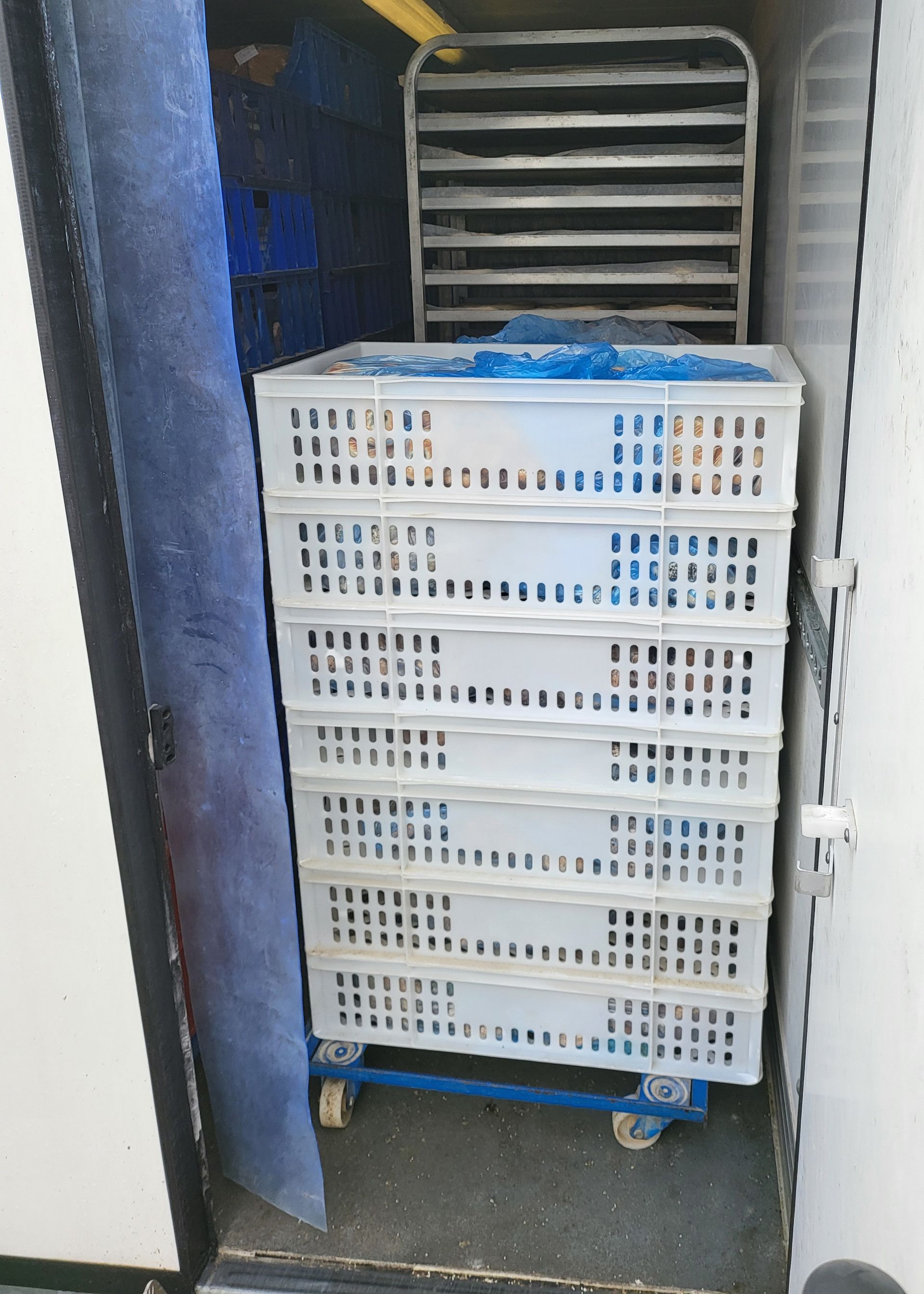 creates stacked on top of each other inside a freezer trailer