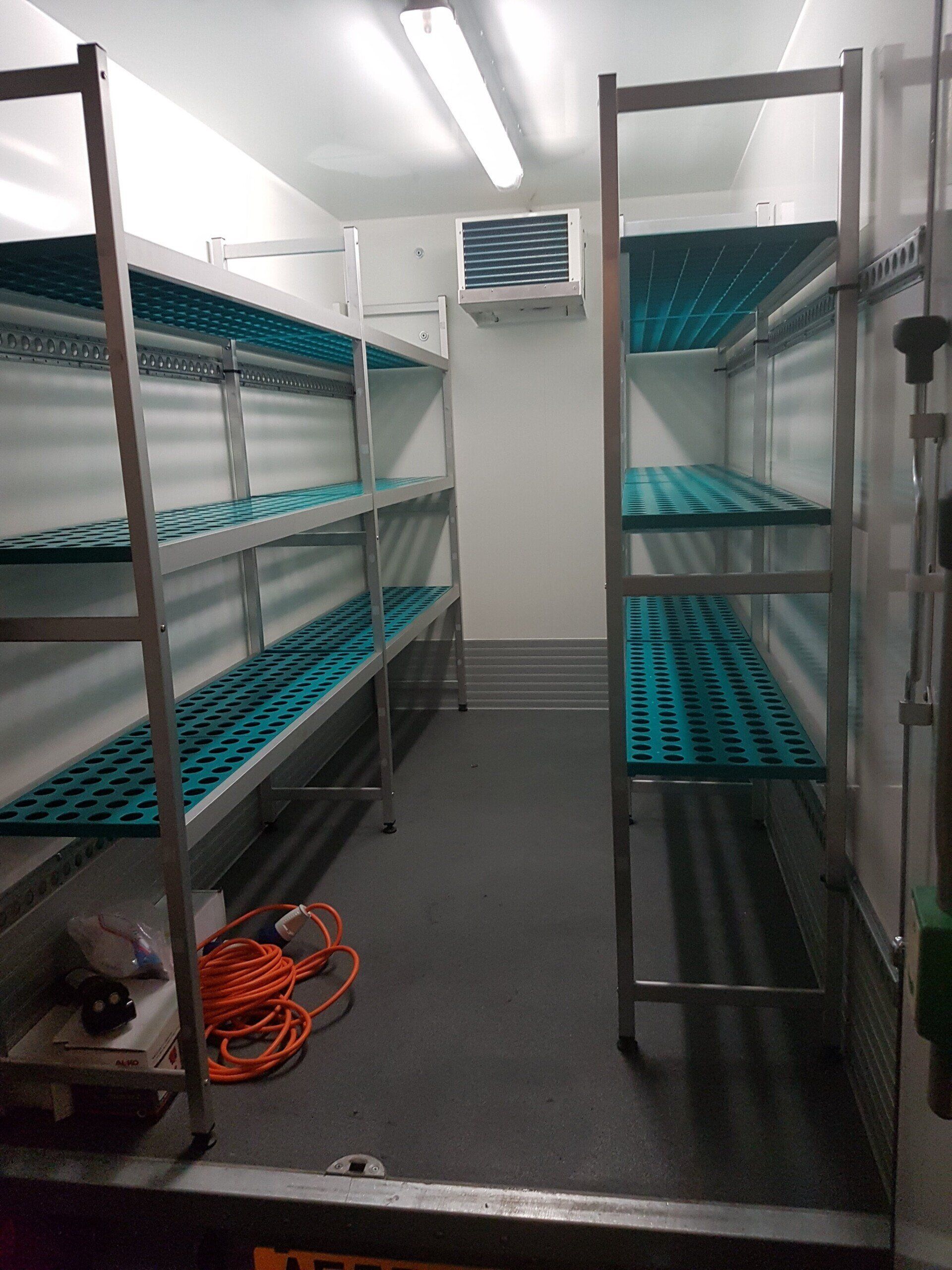 shelving inside a 8,000 litre freezer trailer