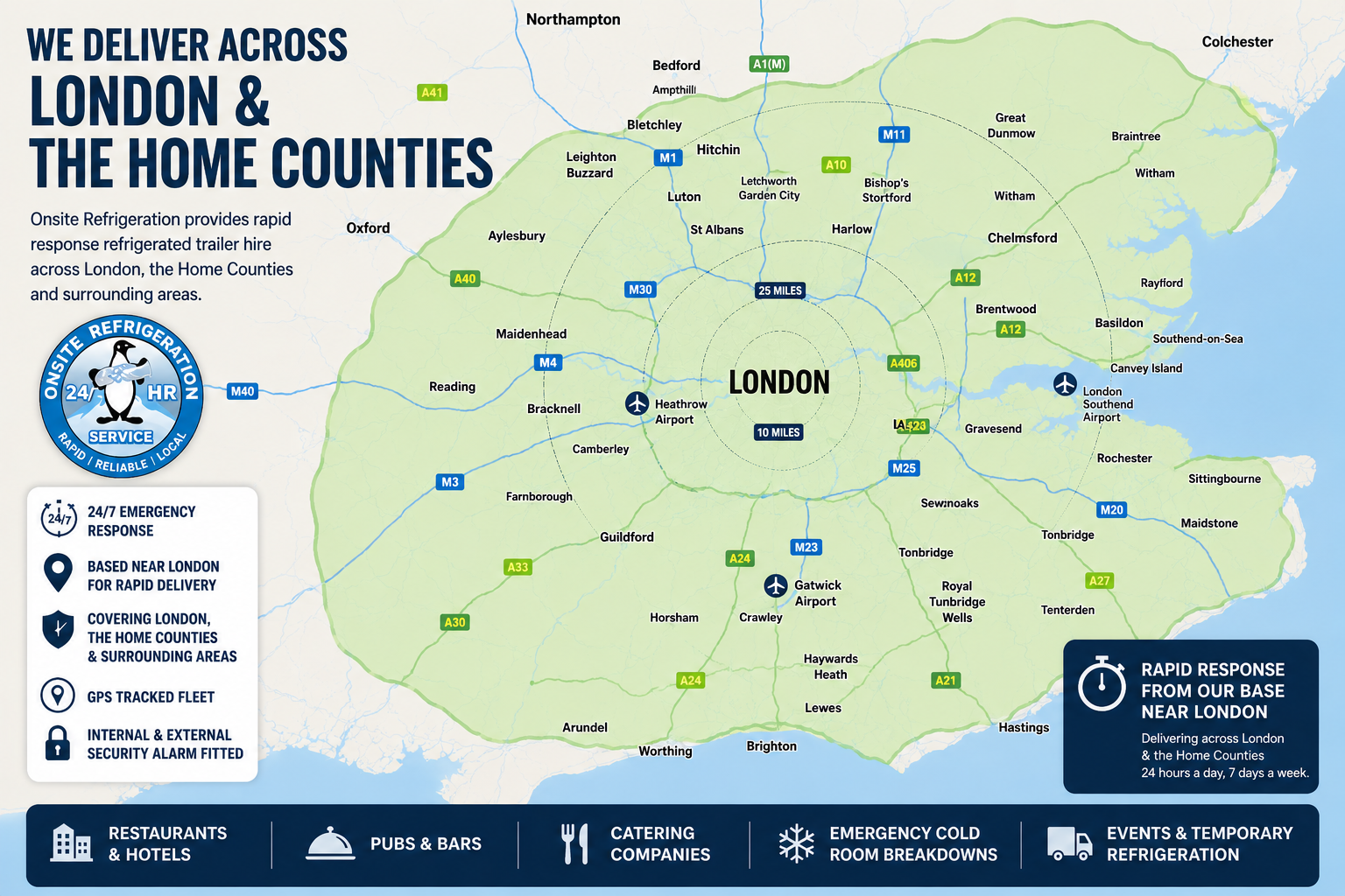 Onite Refrigeration delivery area map showing London and Home Counties