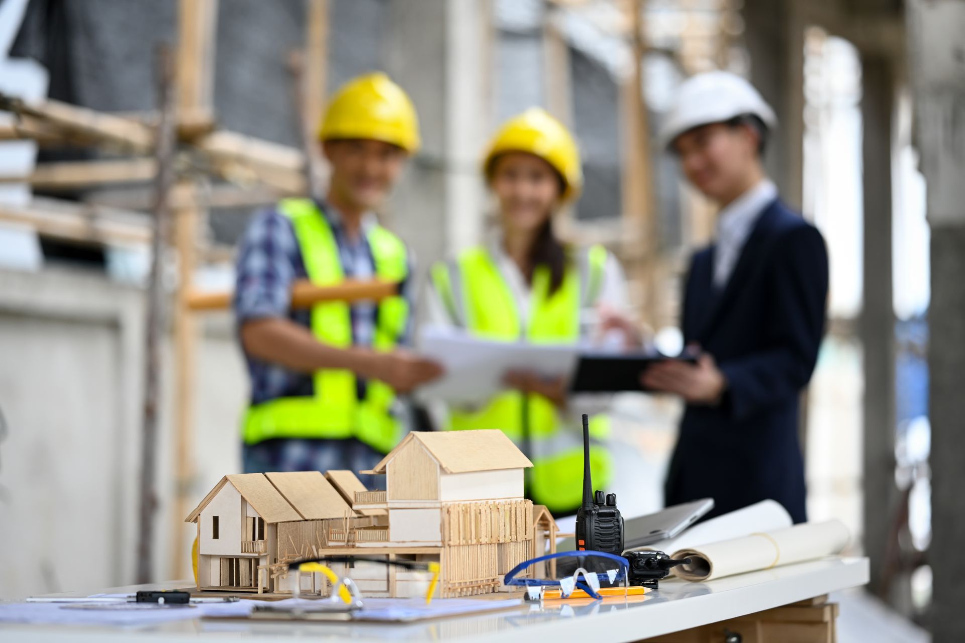 Construction workers and a supervisor reviewing plans at a construction site, model of a house in the foreground.