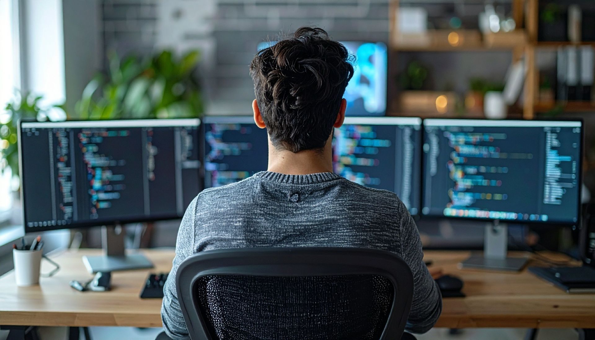 Une personne est assise à un bureau devant trois écrans d'ordinateur affichant du code. Environnement de bureau intérieur.