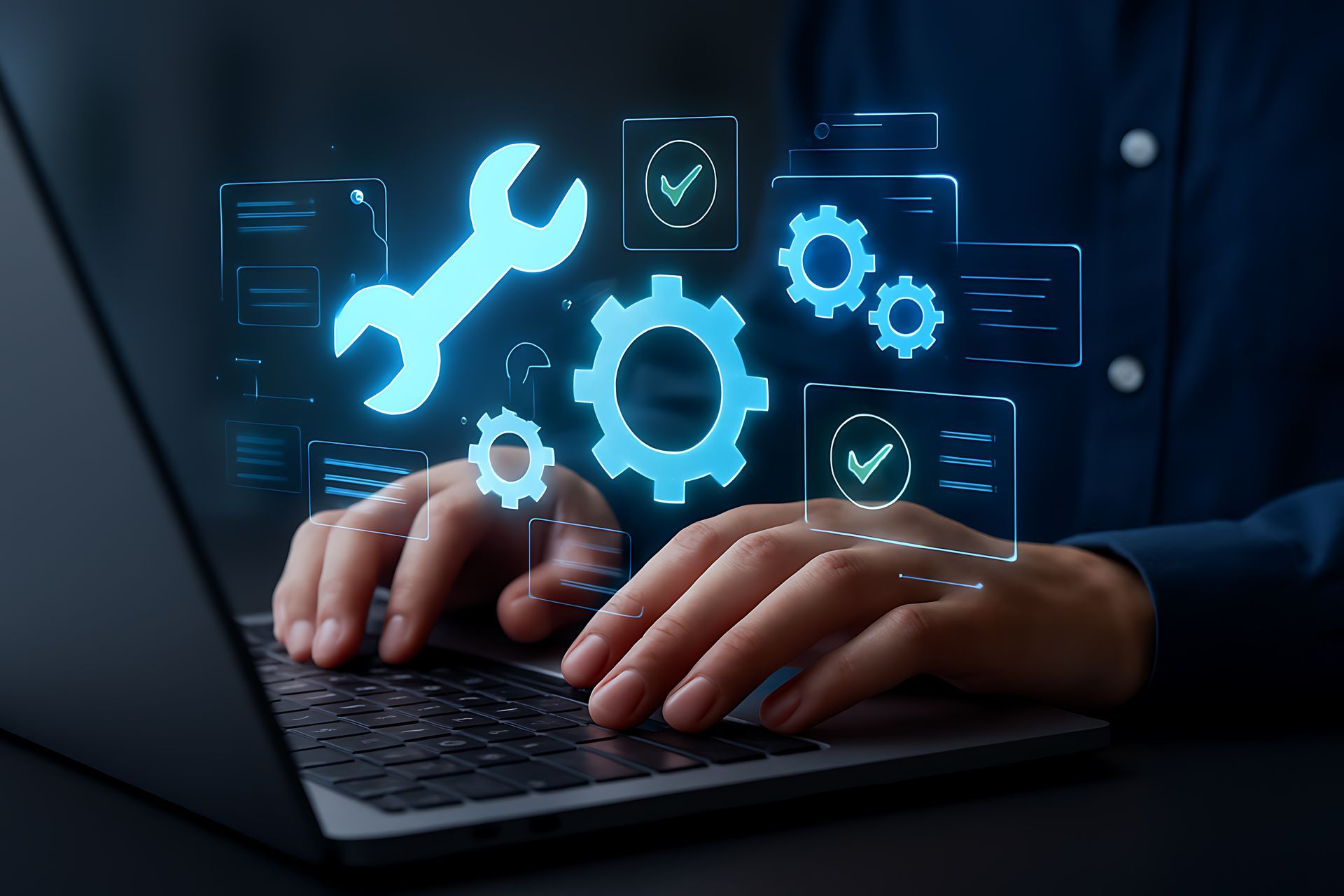 Une personne utilisant un ordinateur portable avec des icônes bleues lumineuses représentant une clé, des engrenages et des coches superposées.