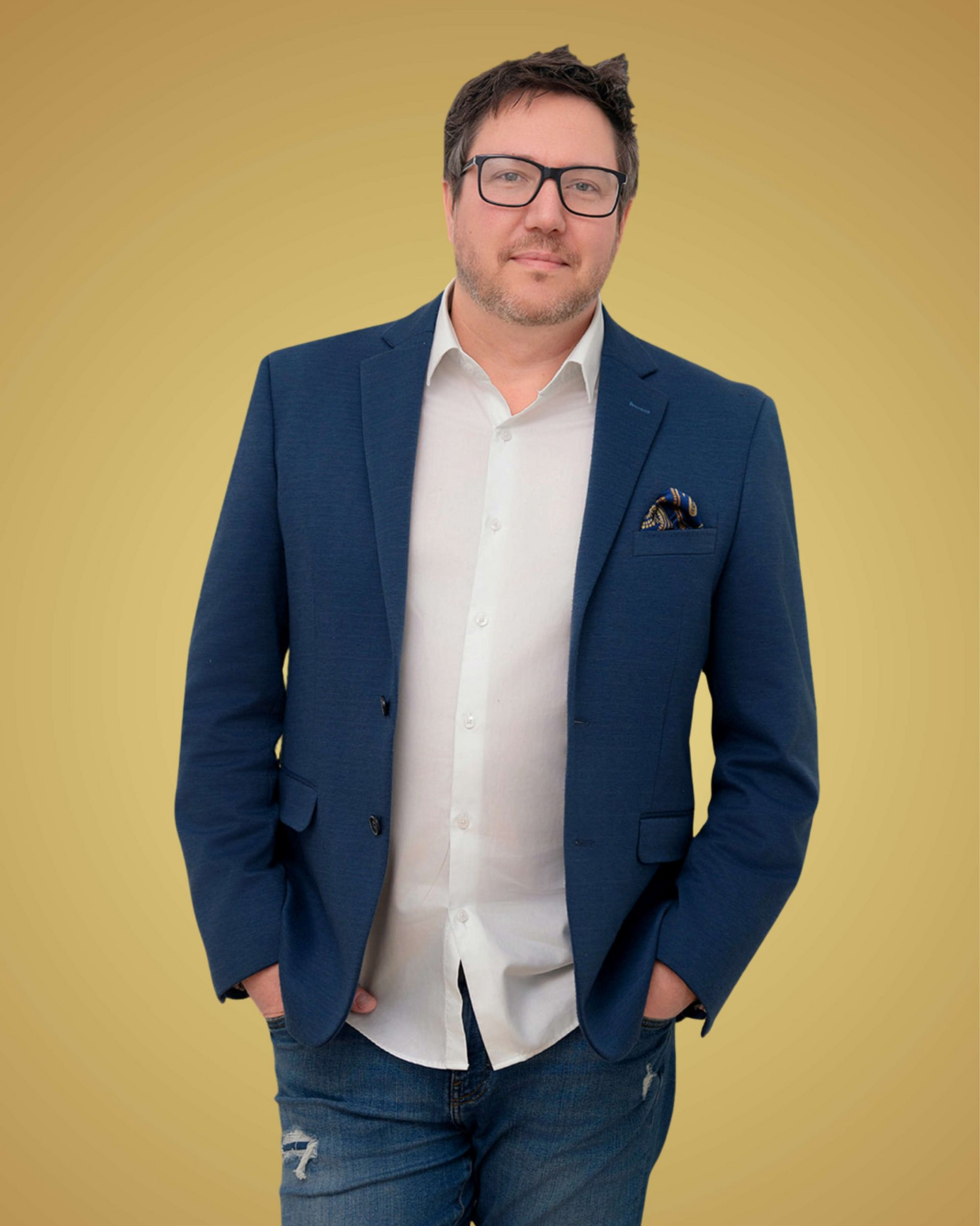 A person's hands typing on a laptop, overlaid with blue coding and a city skyline.