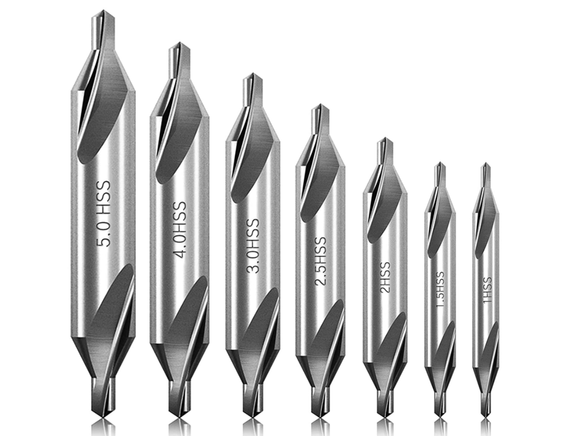 A set of stainless steel center drill bits in different sizes.
