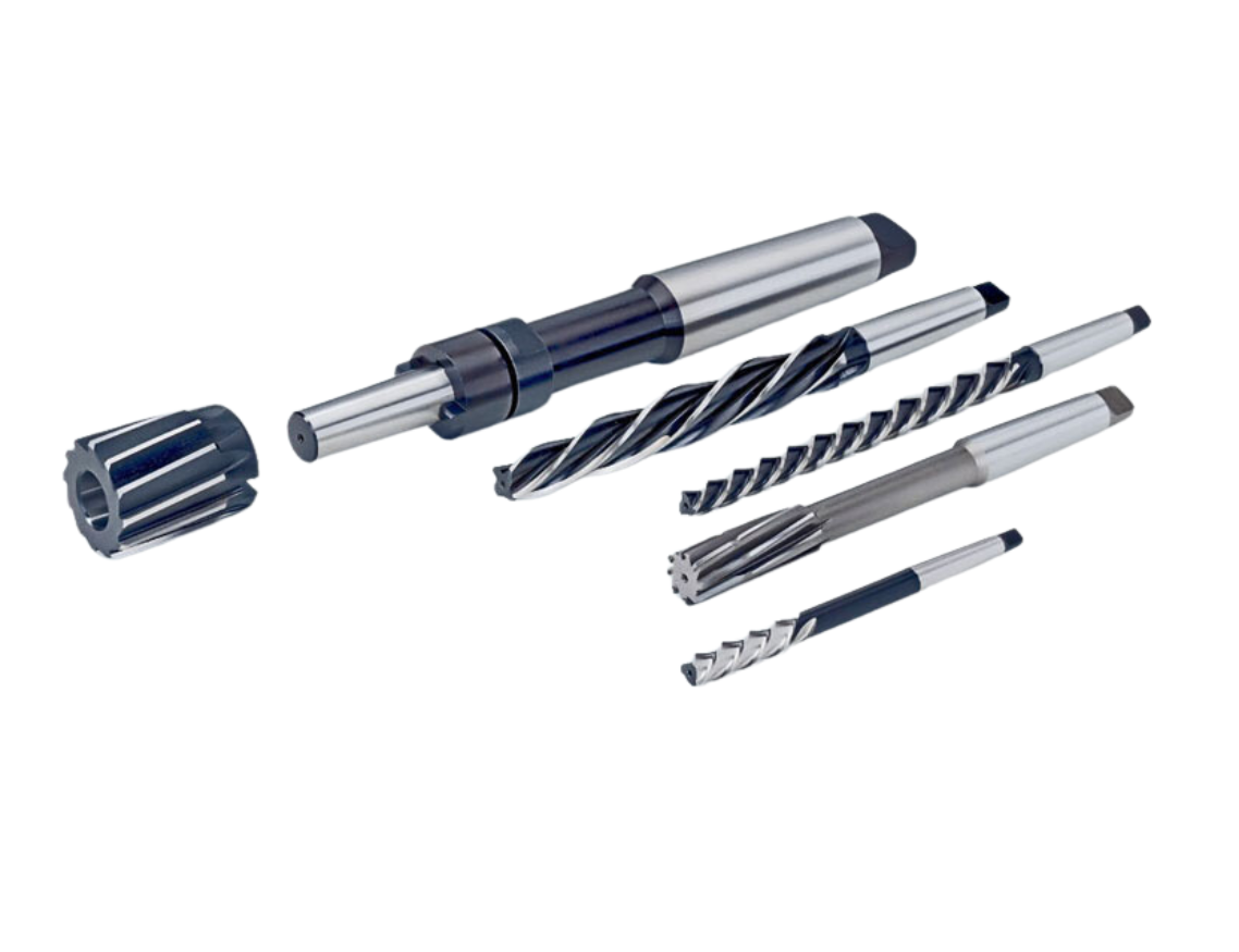 There are many different types of drill bits on a white background.